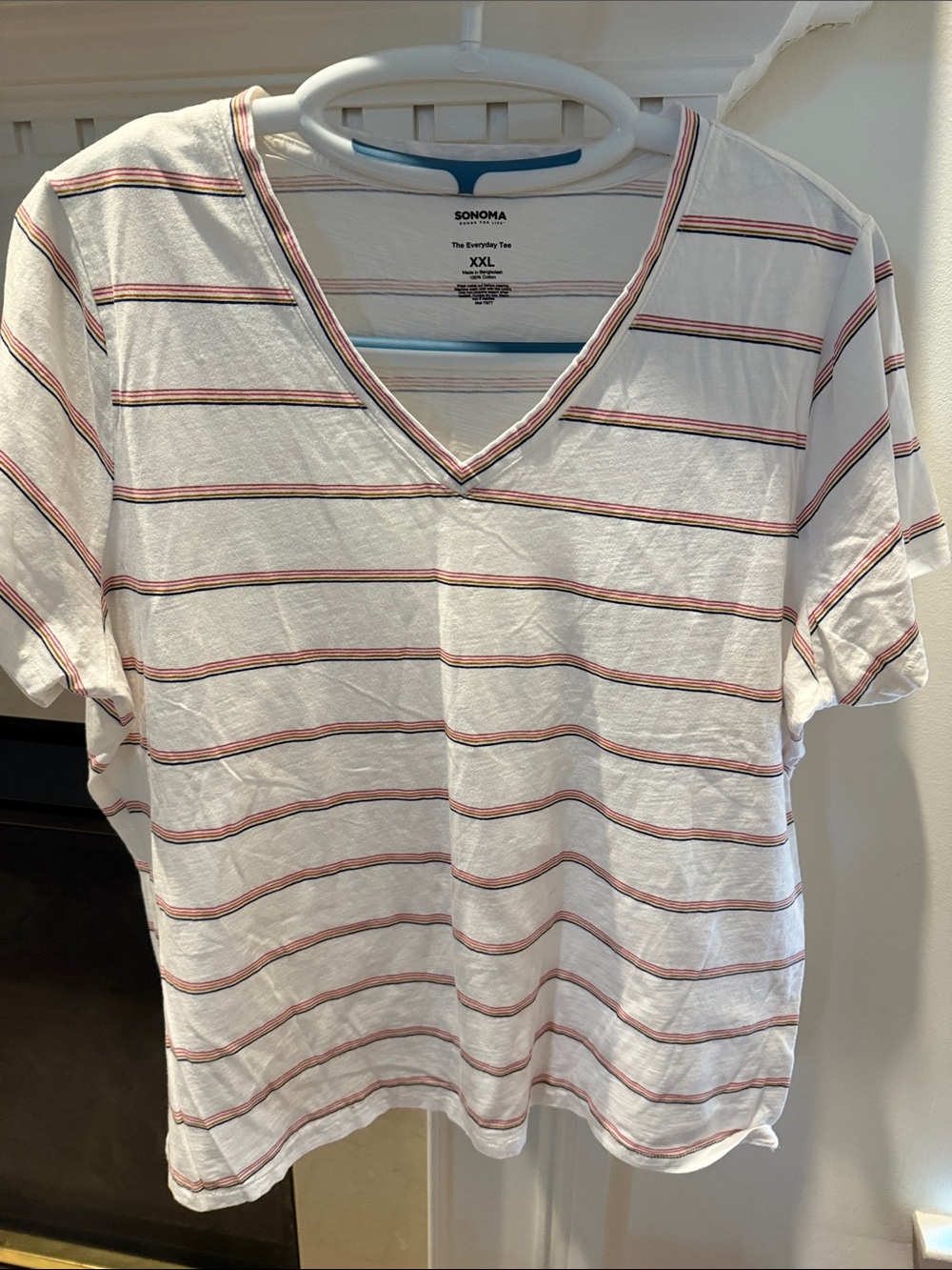 Sonoma White V-Neck Tee with Red Stripes